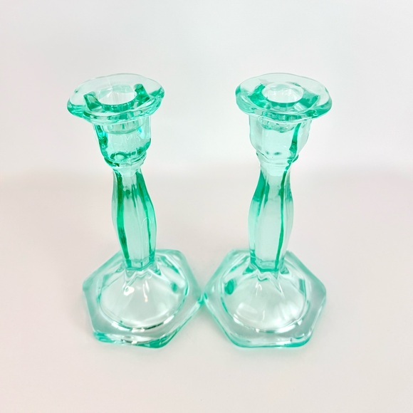 Vintage Set Of 2 Aqua Blue  Art Deco Glass Candlesticks Holders. Mid-Century Mod - Picture 2 of 13
